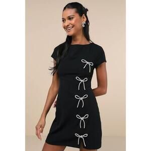 Lulu's Black Mini Dress with Silver Bow Accents